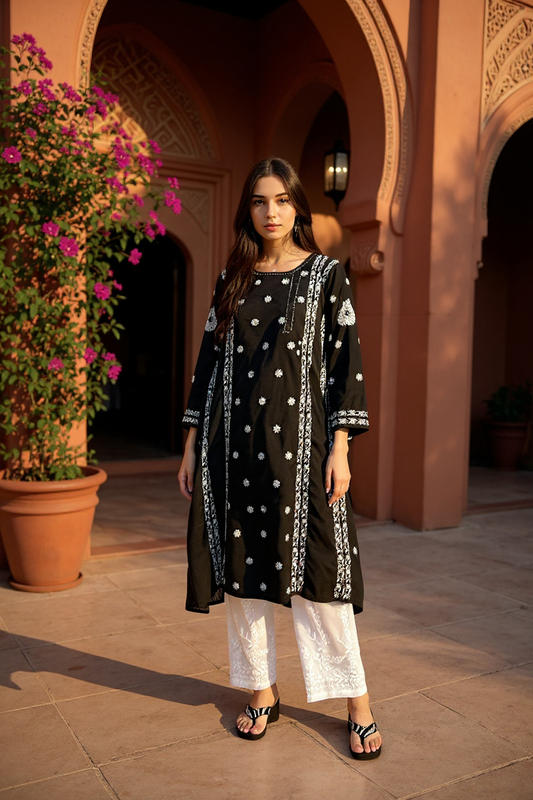 Black Cotton Kalidar with White Do Taar Chikankari & Kamdani