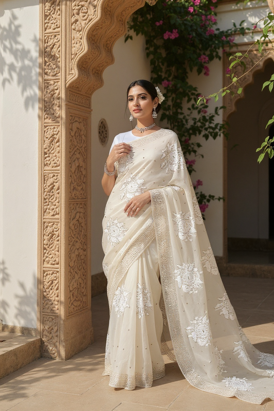 woman wearing ShaSumz Chikankari & Mukaish Saree | Pure Georgette