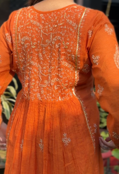 Rust Orange Tissue Angarkha with Chikankari