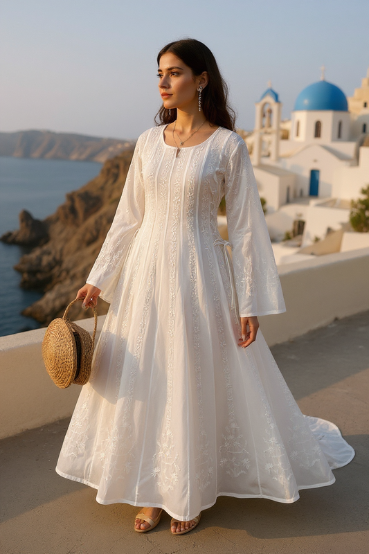 Woman wearing ShaSumz Chikankari Anarkali cotton dress with full flare