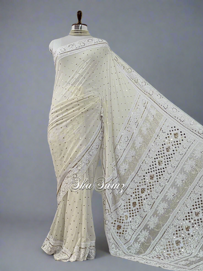 Saree with Chikankari & Mukaish Badla
