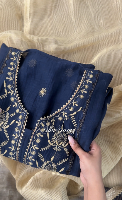 Midnight Blue Mul Chanderi Suit with Chikankari & Appliqué
