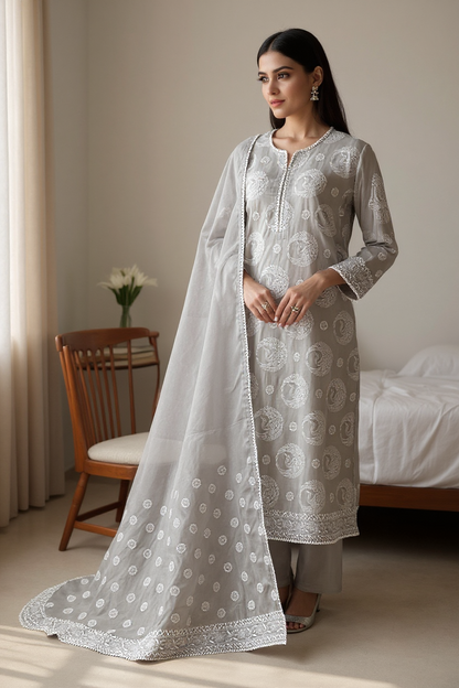 Birds Design on Light Grey Cotton Voile Suit