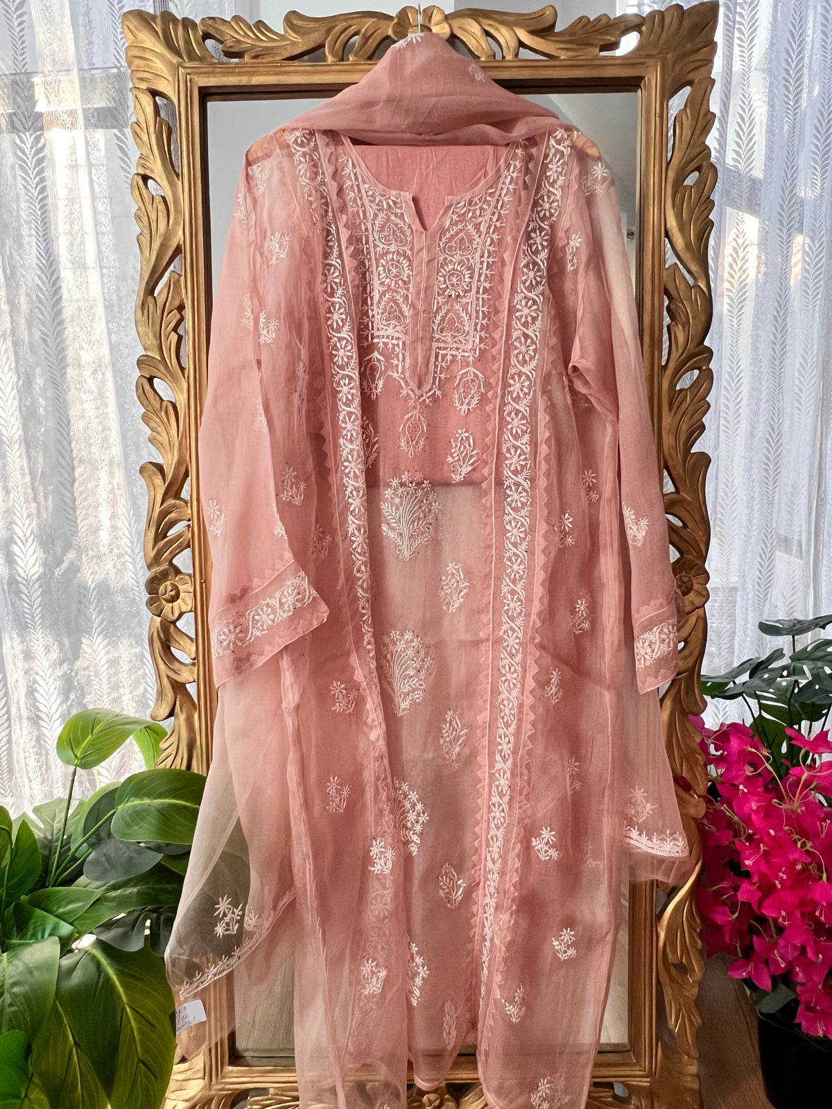 Hazelnut Pure Organza Silk Suit with Chikankari and Kamdani