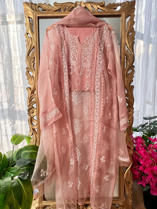 Hazelnut Pure Organza Silk Suit with Chikankari and Kamdani