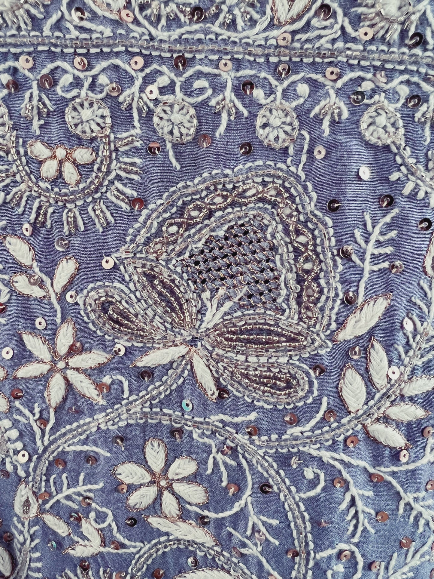Periwinkle Blue Pure Munga Silk Chikankari & Embellishments Suit