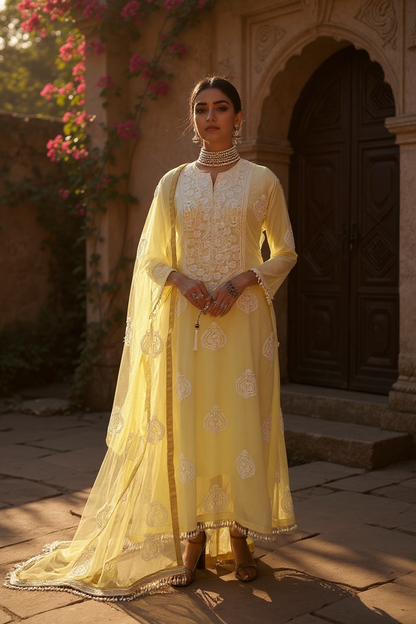 Lemon Yellow Fine Chikankari & Embellishments Suit