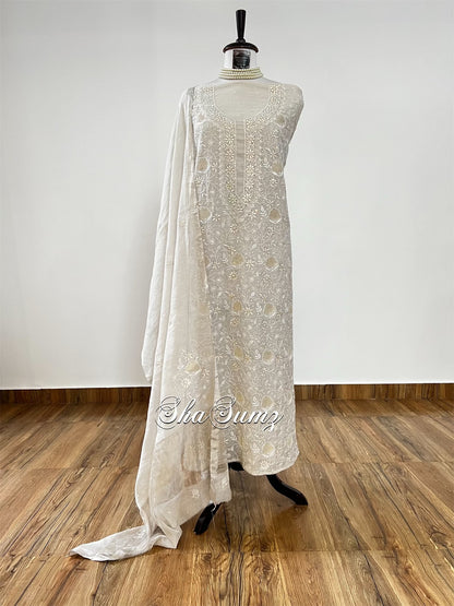 Silver Tissue Chanderi Silk Chikankari and Embellishments Suit