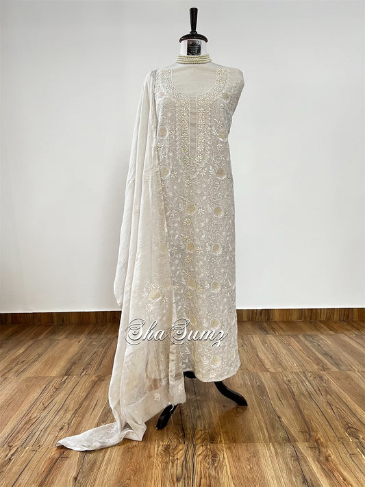 Silver Tissue Chanderi Silk Chikankari and Embellishments Suit