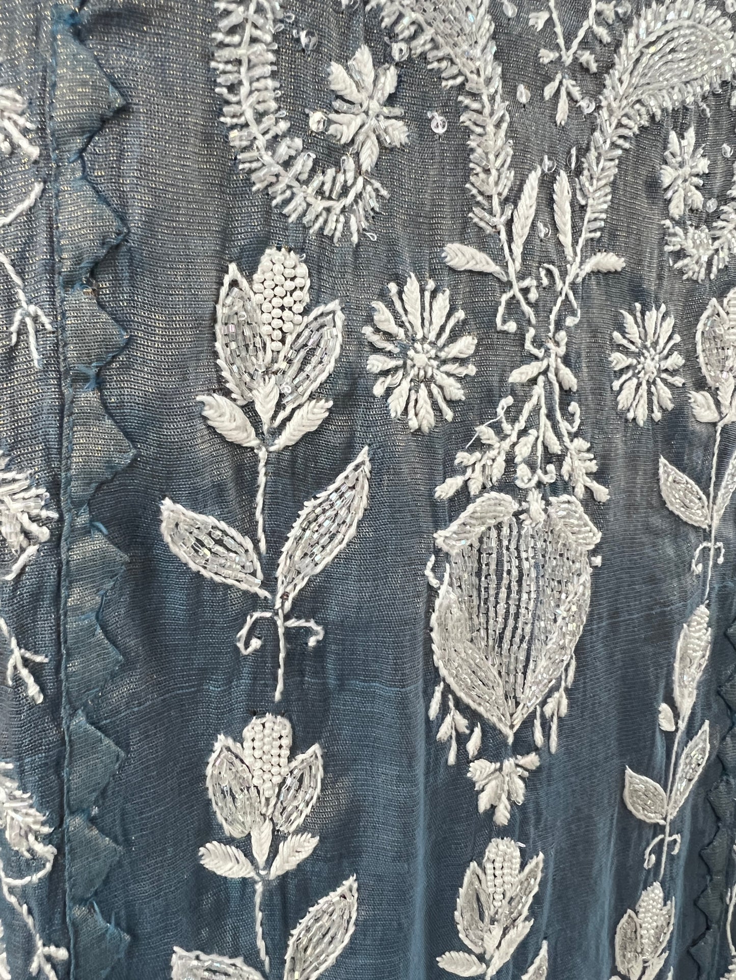 Blue Grey Tissue Chanderi Silk Suit with Chikankari and Embellishments