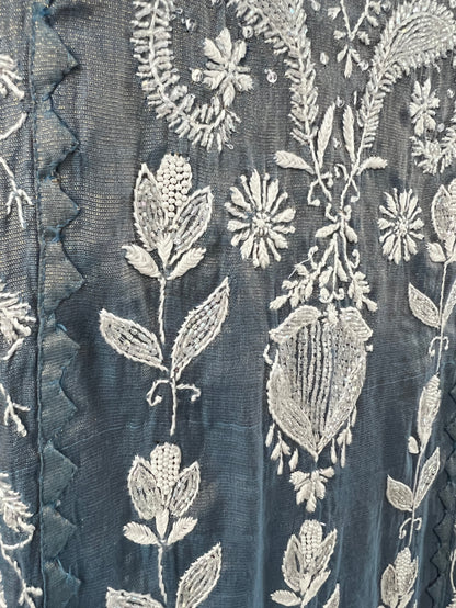 Blue Grey Tissue Chanderi Silk Suit with Chikankari and Embellishments