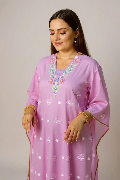 Lilac Kaftan with Chikankari, Pearls & Resham Thread Parsi Gara Neckline