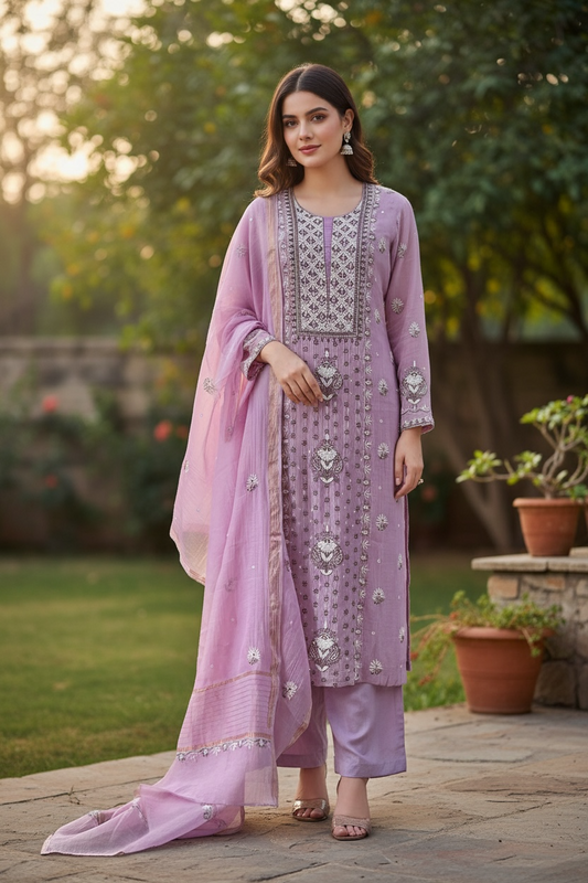 Mauve Mul Chanderi Hand Chikankari Suit with Pearls, Sequins & Cutdana