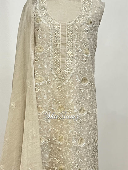 Silver Tissue Chanderi Silk Chikankari and Embellishments Suit