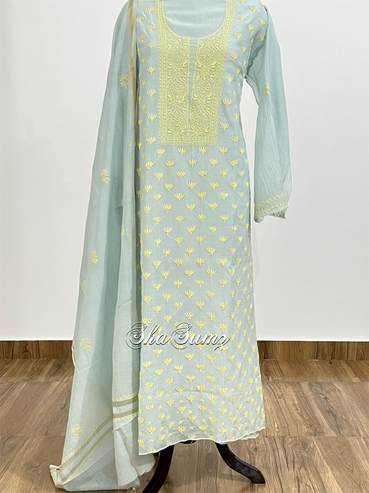 Powder Blue & Yellow Chanderi Suit