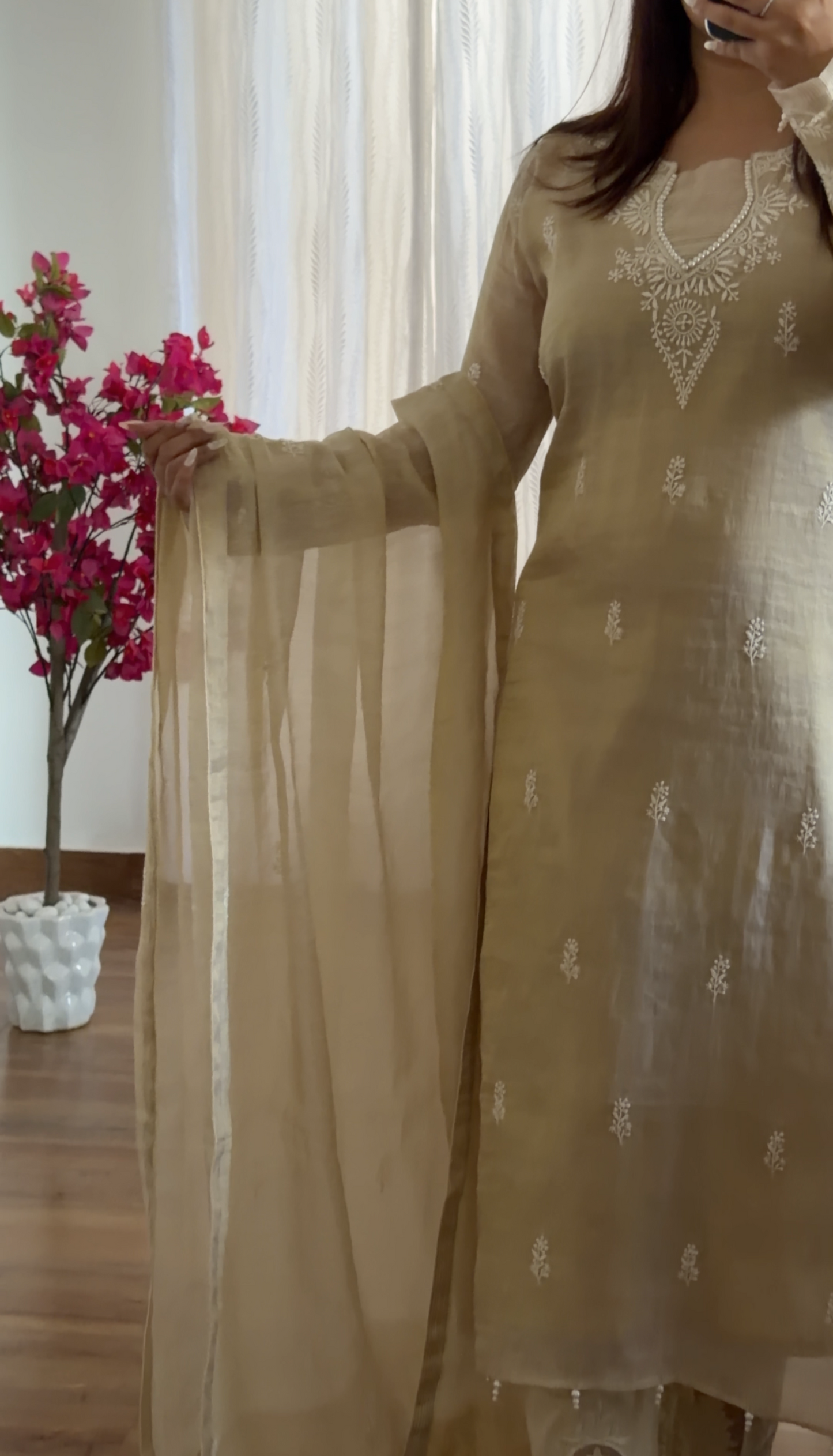 Natural Pure Tissue Silk Hand-Embroidered Chikankari Suit Set with Pearl Detailing
