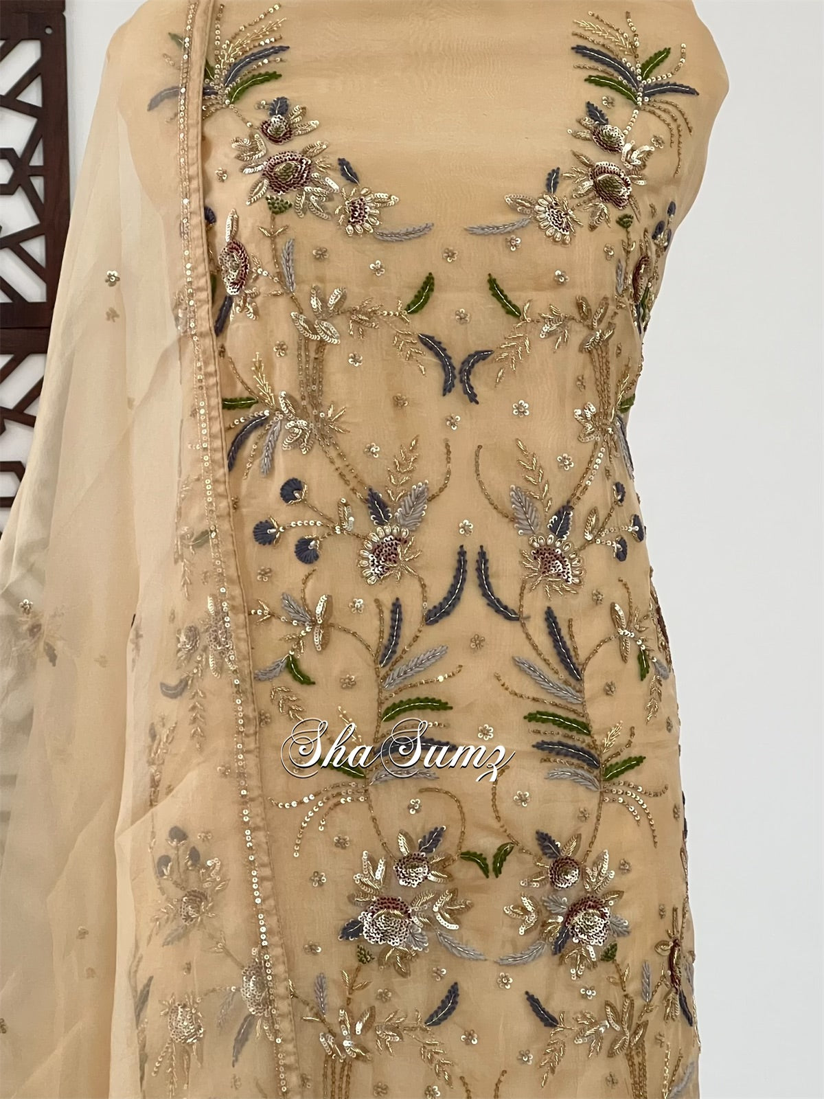 Golden Beige Pure Organza Silk Suit with Zardozi