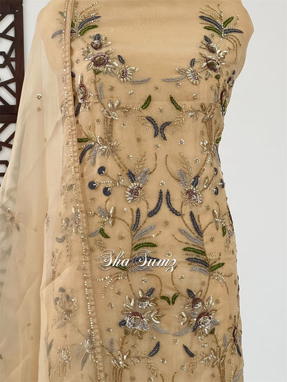 Golden Beige Pure Organza Silk Suit with Zardozi