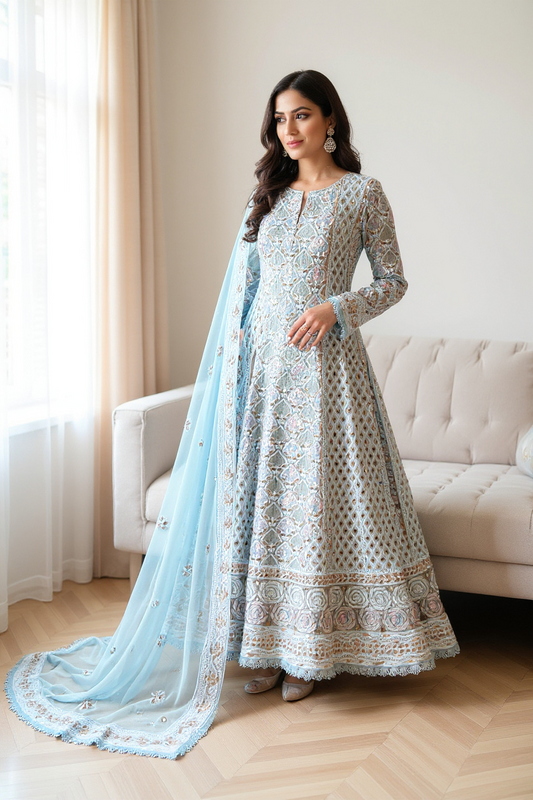 Powder Blue Anarkali with Chikankari & embellishments