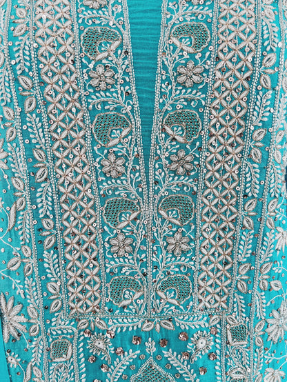 Pure Munga Silk Chikankari with Embellishments | Turquoise Classic