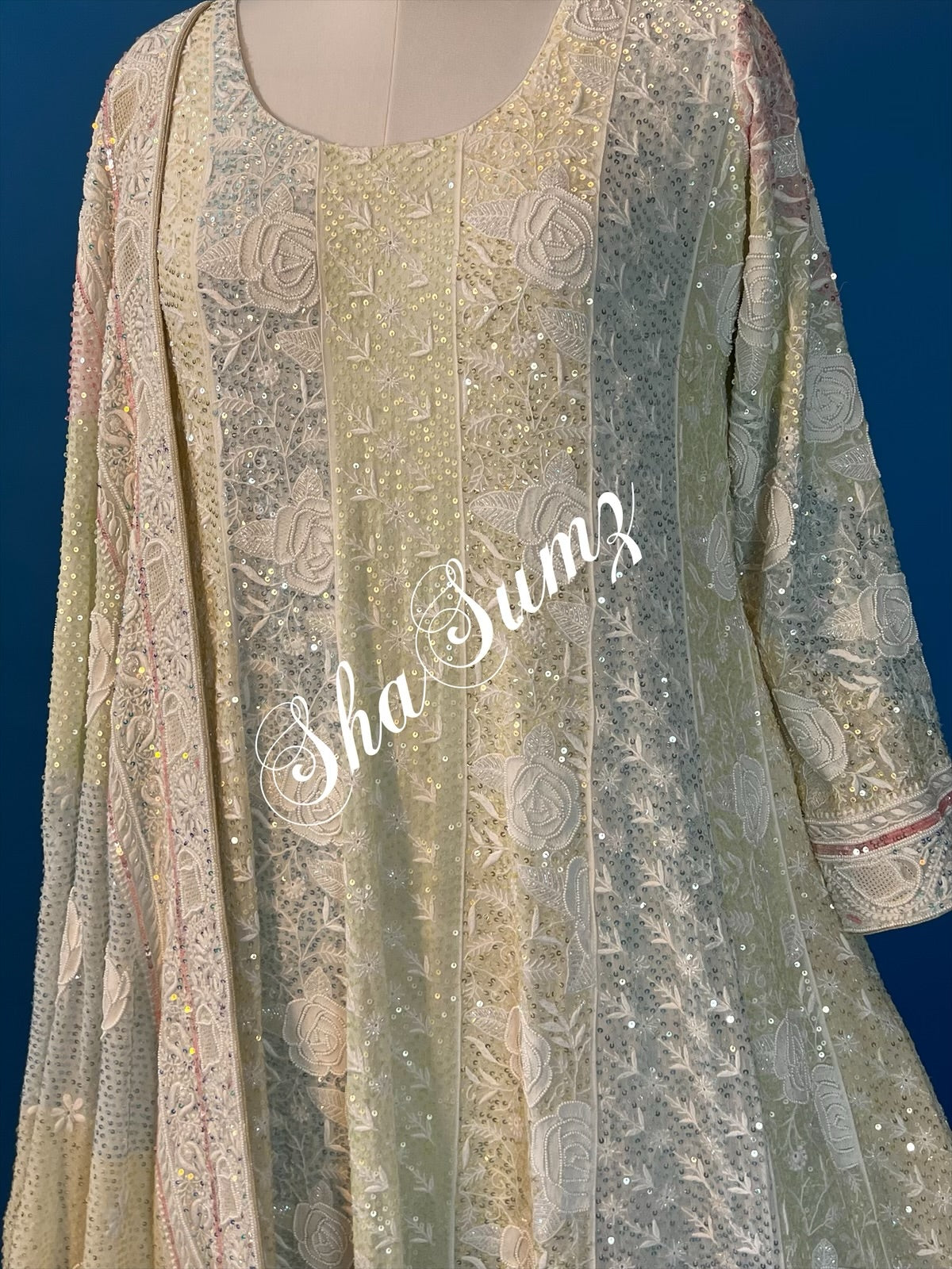 Anarkali with Roses Design in Do Taar Chikankari and embellishments