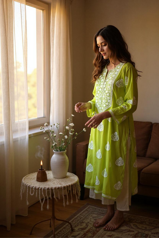 Lime Green Pure Georgette Suit with Fine Chikankari