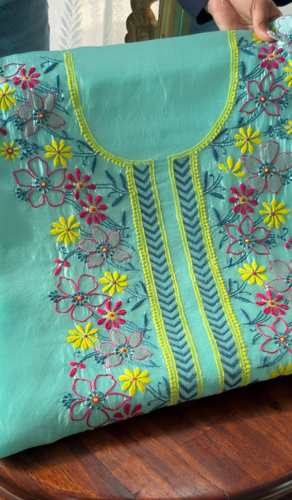 Pure Handwoven Silk Kurta Set with Multi Color Chikankari