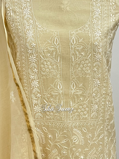 Golden Ivory Chikankari embellished Mul Chanderi Suit