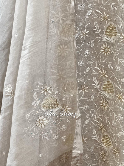 Silver Tissue Chanderi Silk Chikankari and Embellishments Suit