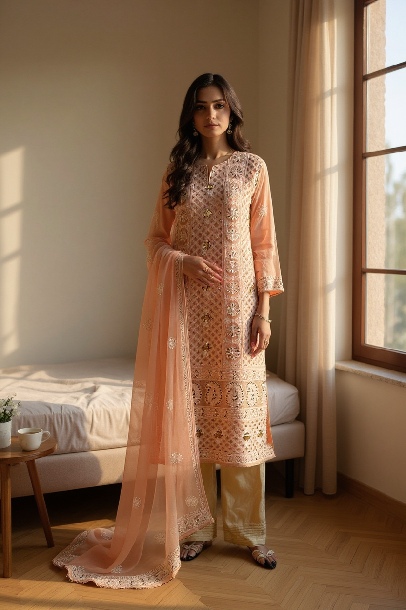 Peach Chikankari & Mukaish Suit