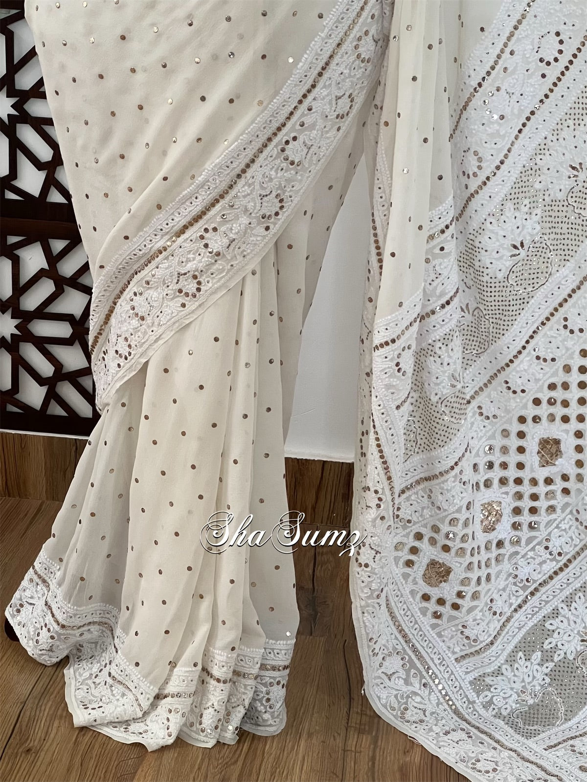 Saree with Chikankari & Mukaish Badla