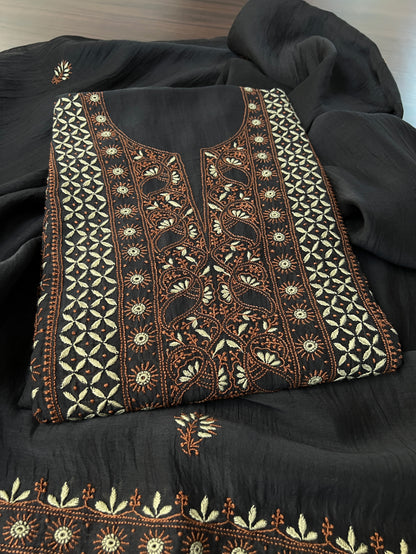 Black Mul Chanderi Suit with Dual tone Chikankari