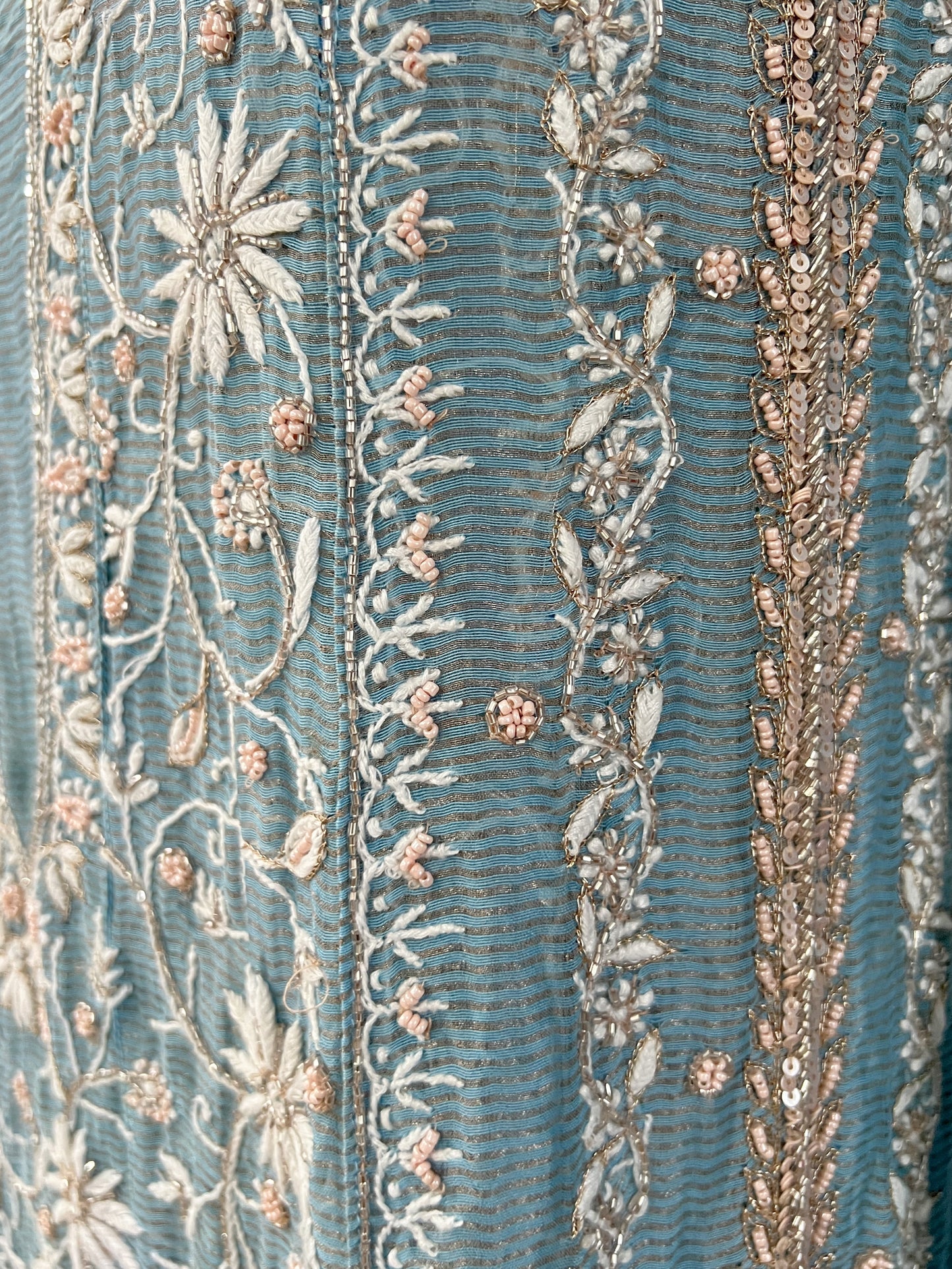 Blue Striped Tissue Chanderi Anarkali - Chikankari and Embellishments