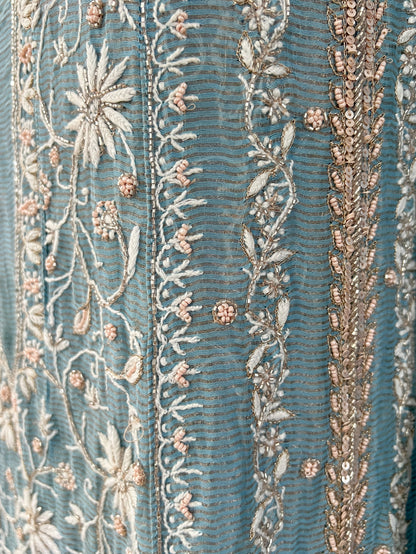 Blue Striped Tissue Chanderi Anarkali - Chikankari and Embellishments