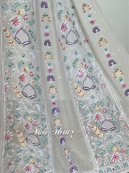 Close up of ShaSumz Signature anarkali with multicolour resham flare