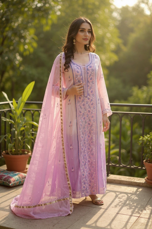 woman wearing Ombre Chikankari Suit - Mul Chanderi