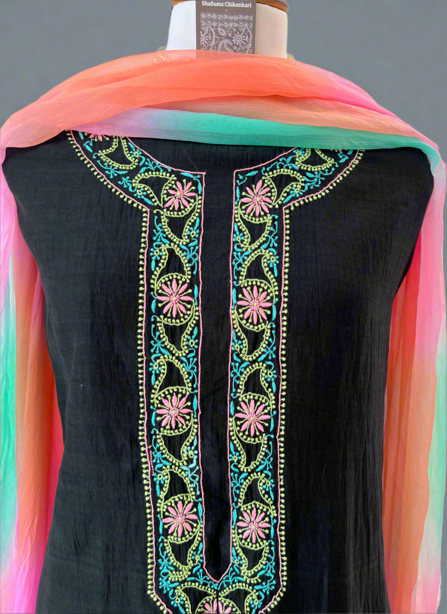 Black Mul Chanderi Kurta with Multi Color Chikankari