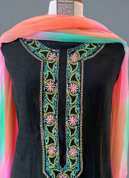 Black Mul Chanderi Kurta with Multi Color Chikankari