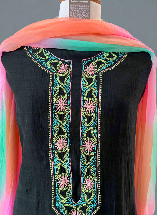 Black Mul Chanderi Kurta with Multi Color Chikankari
