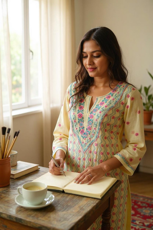 Lemon yellow Chikankari suit featuring intricate multicolour embroidery