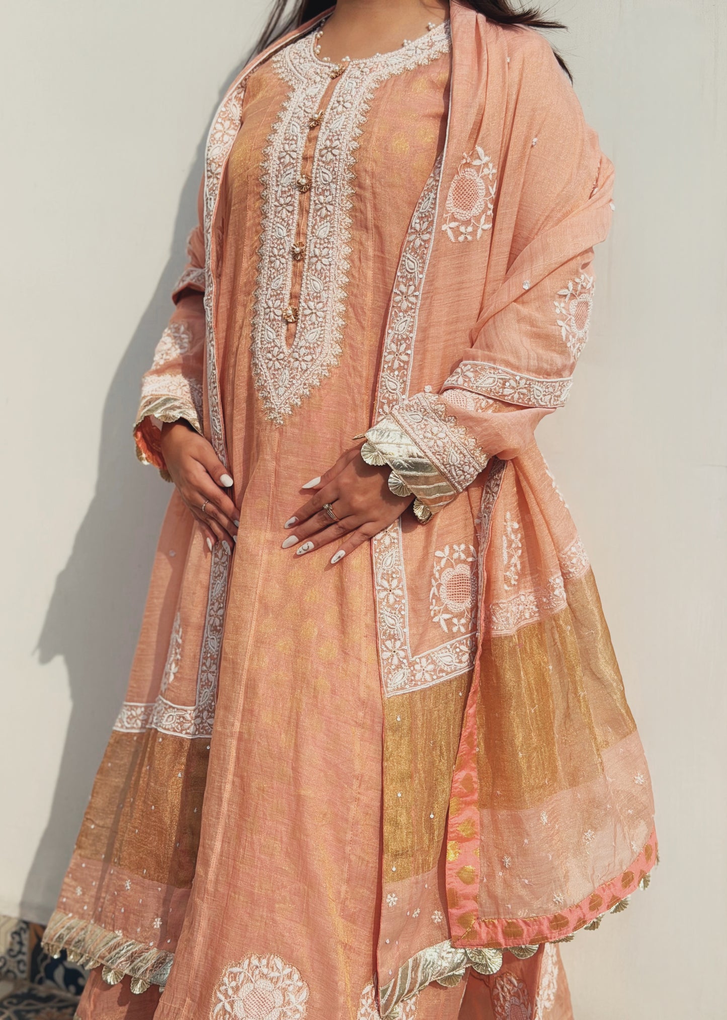 Blush Peach Tissue Chanderi Anarkali with Chikankari & Brocade Sharara