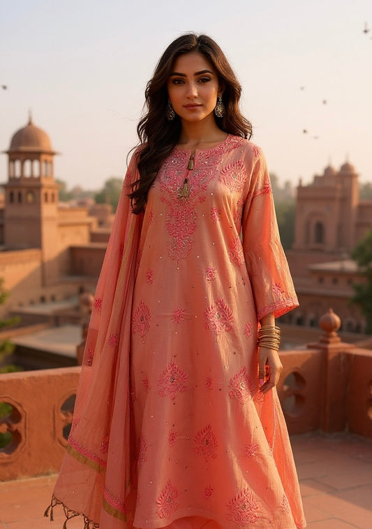 Carrot Pink Tissue Chanderi Silk Suit