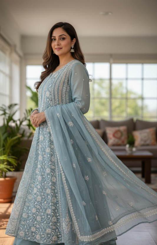 Blue Striped Tissue Chanderi Anarkali - Chikankari and Embellishments