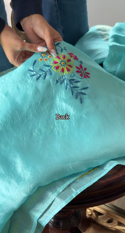 Pure Handwoven Silk Kurta Set with Multi Color Chikankari