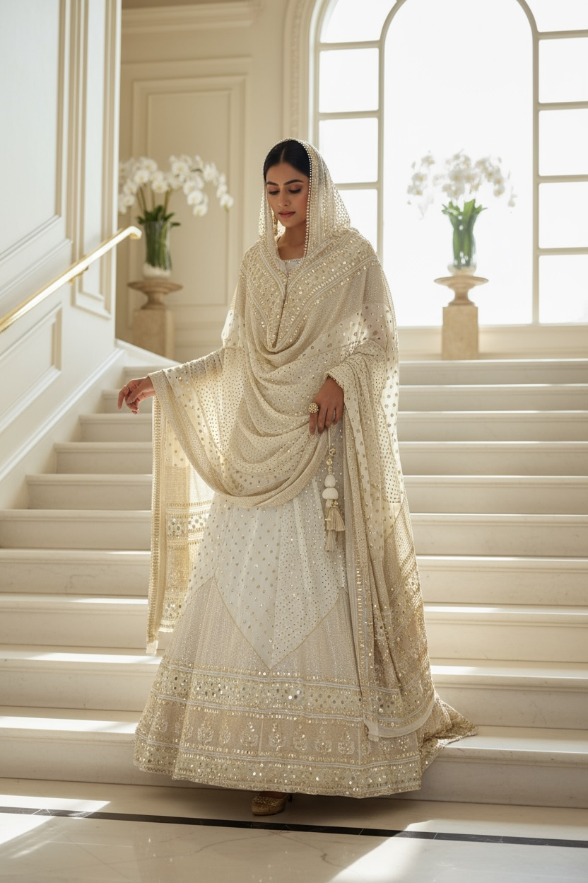 Ivory Glittery Mukaish & Mirrors Lehenga
