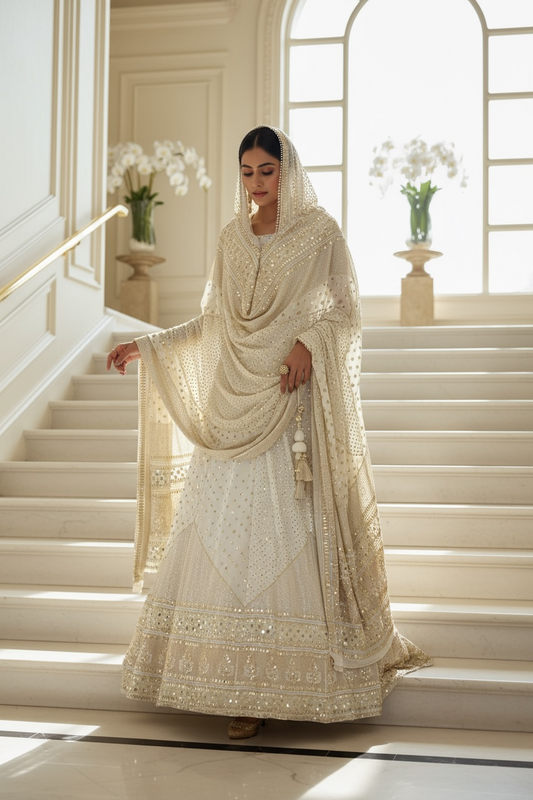 Ivory Glittery Mukaish & Mirrors Lehenga
