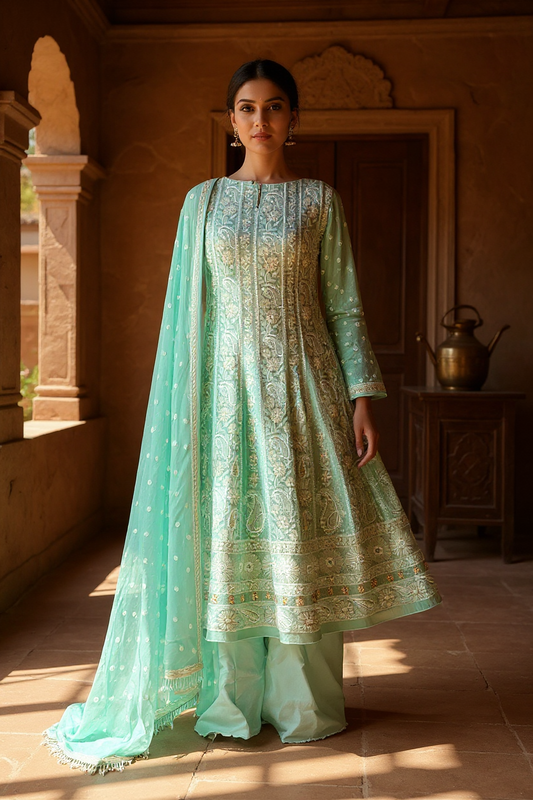 Mint green Anarkali with Chikankari, embellishments, and luxurious Pure Georgette fabric. Unstitched available.