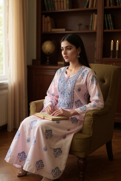 Powder Pink Mul Chanderi Suit with Blue & Purple Chikankari