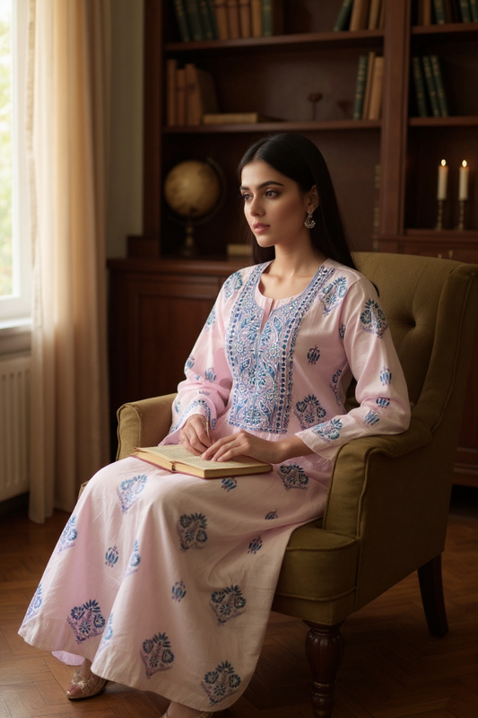 Powder Pink Mul Chanderi Suit with Blue & Purple Chikankari