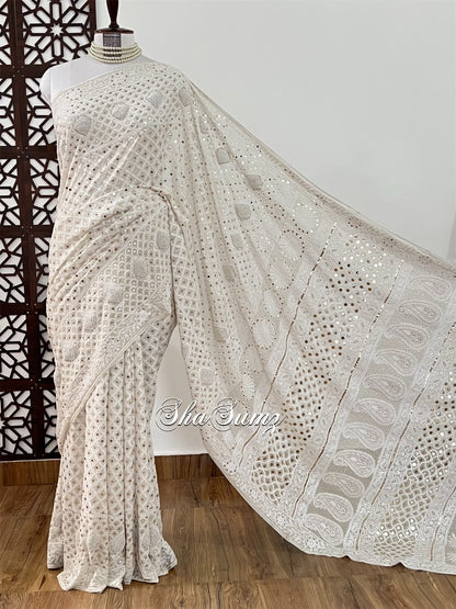 Lily White Saree with Chikankari, Mukaish & Pearls